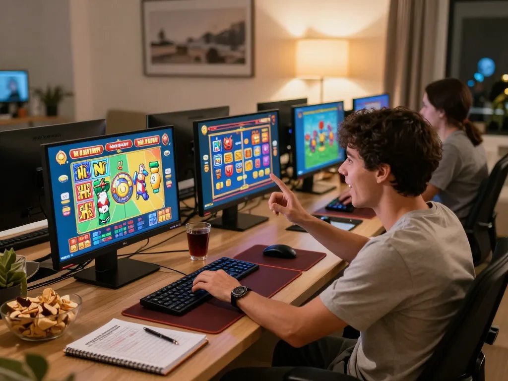 Nổ hũ gameplay action at home online casino with exciting slot game on multiple screens
