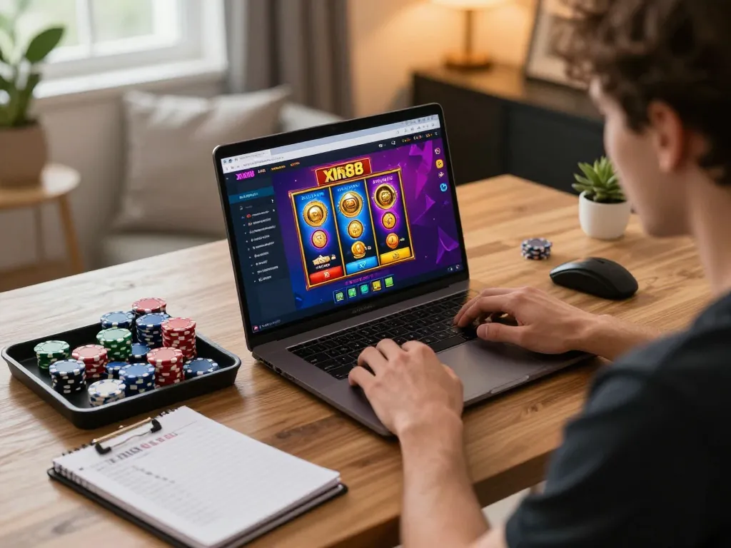 Player navigating the xin88 online casino game on a laptop at home, showcasing strategic gameplay.