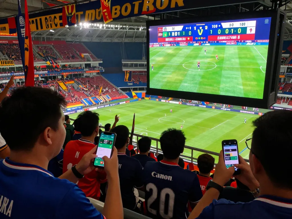 Fans engaging in kèo bóng đá during a live football match, stadium filled with excitement and vibrant team spirit.