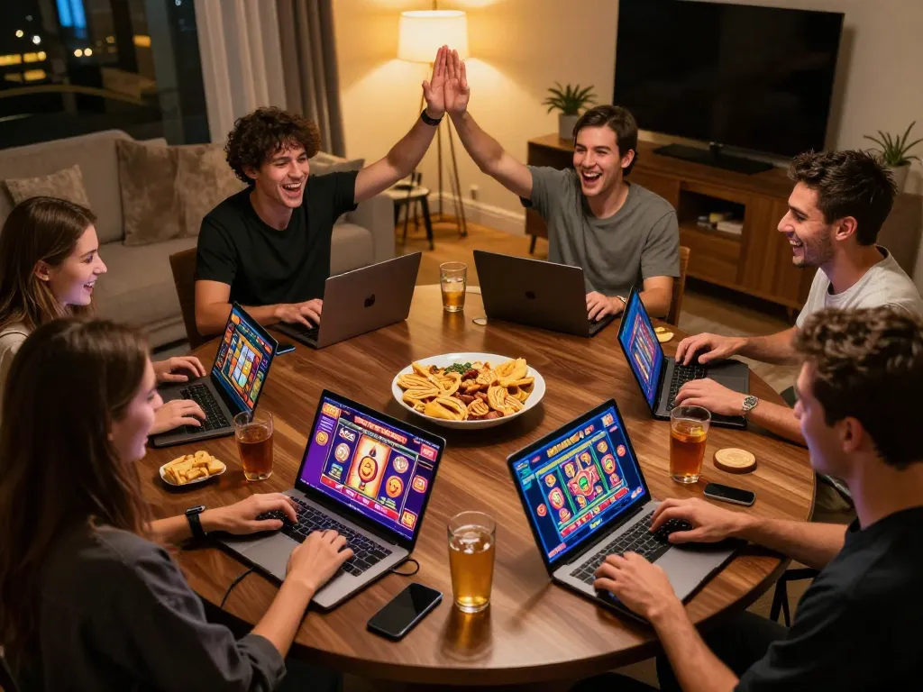 Players enjoying online gaming with 88clbgo app, showcasing vibrant slot action in a lively home setting
