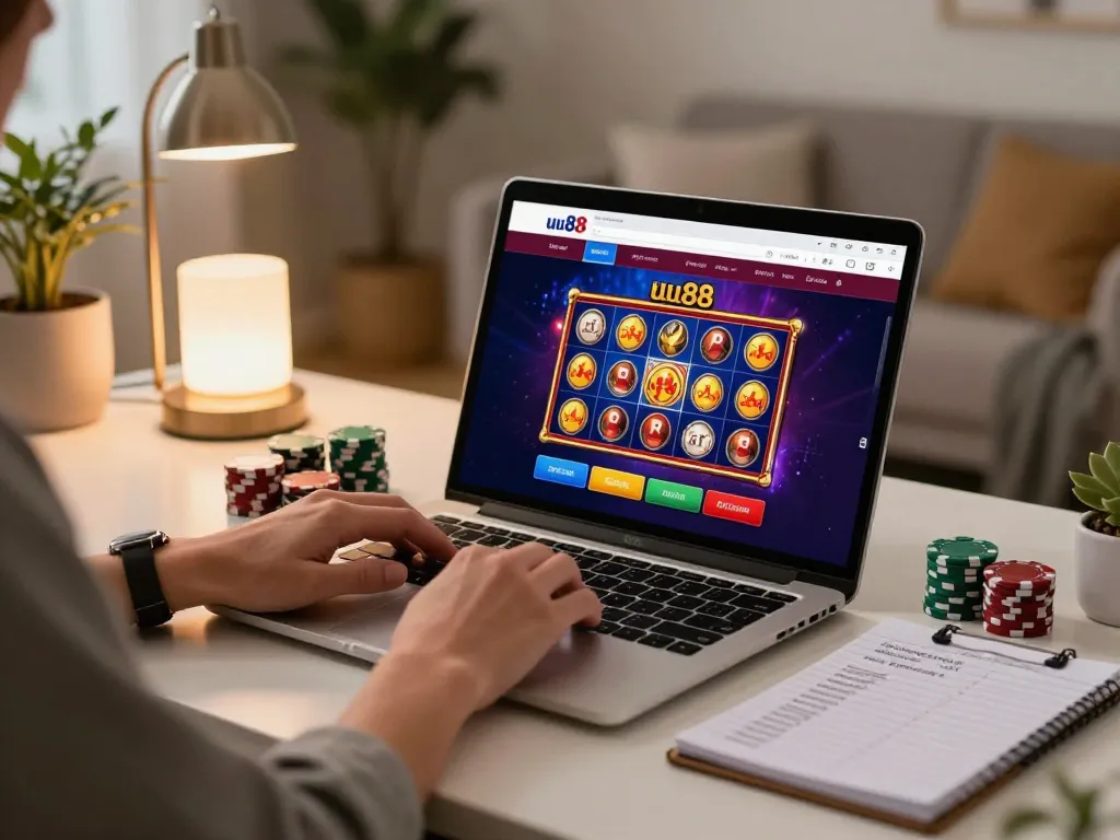 Person exploring the uu88 casino interface on a laptop, enhancing online gaming experience.