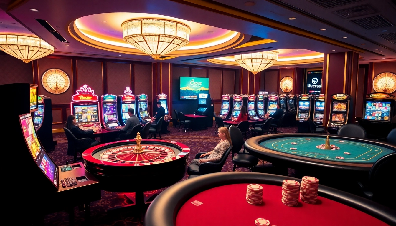 Exciting gaming experience at https://bem88.com featuring a vibrant casino atmosphere with roulette and slot machines.