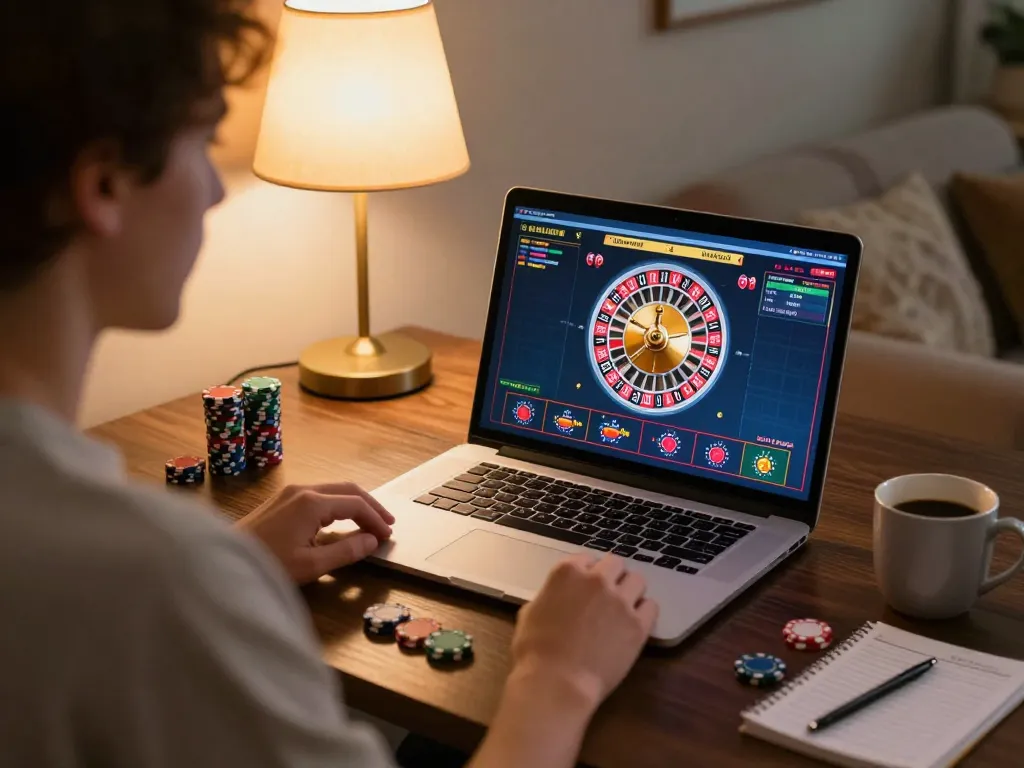 The player uses a laptop for online casino action at nhà cái luck8, showcasing live dealer roulette excitement.