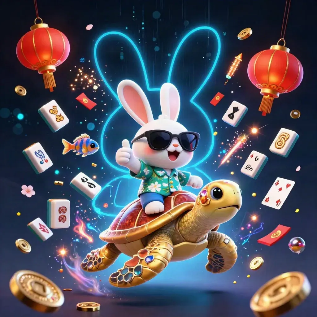 A lucky rabbit rides a golden turtle amid casino treasures and neon blue magic.