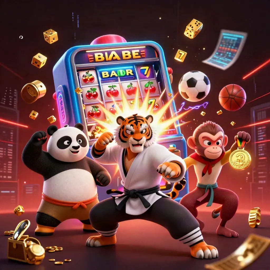 Three martial-arts cartoon animals amid a slot-machine explosion and flying sports icons
