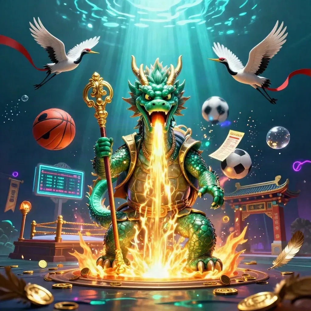 Emerald dragon, turtle sage, cranes, coins, and sports props in a neon underwater casino scene.