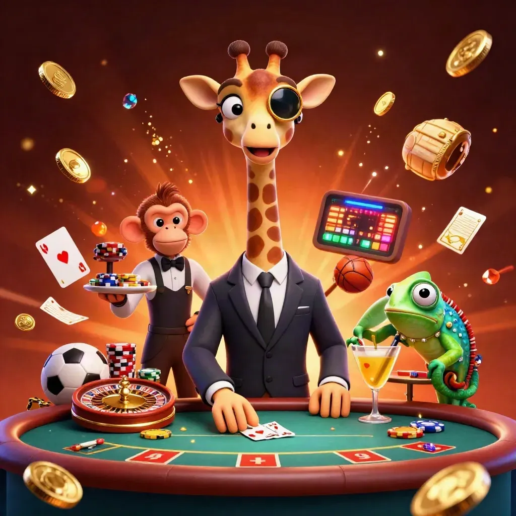 Giraffe, monkey, and chameleon at a flashy poker table with flying chips and glowing casino effects.