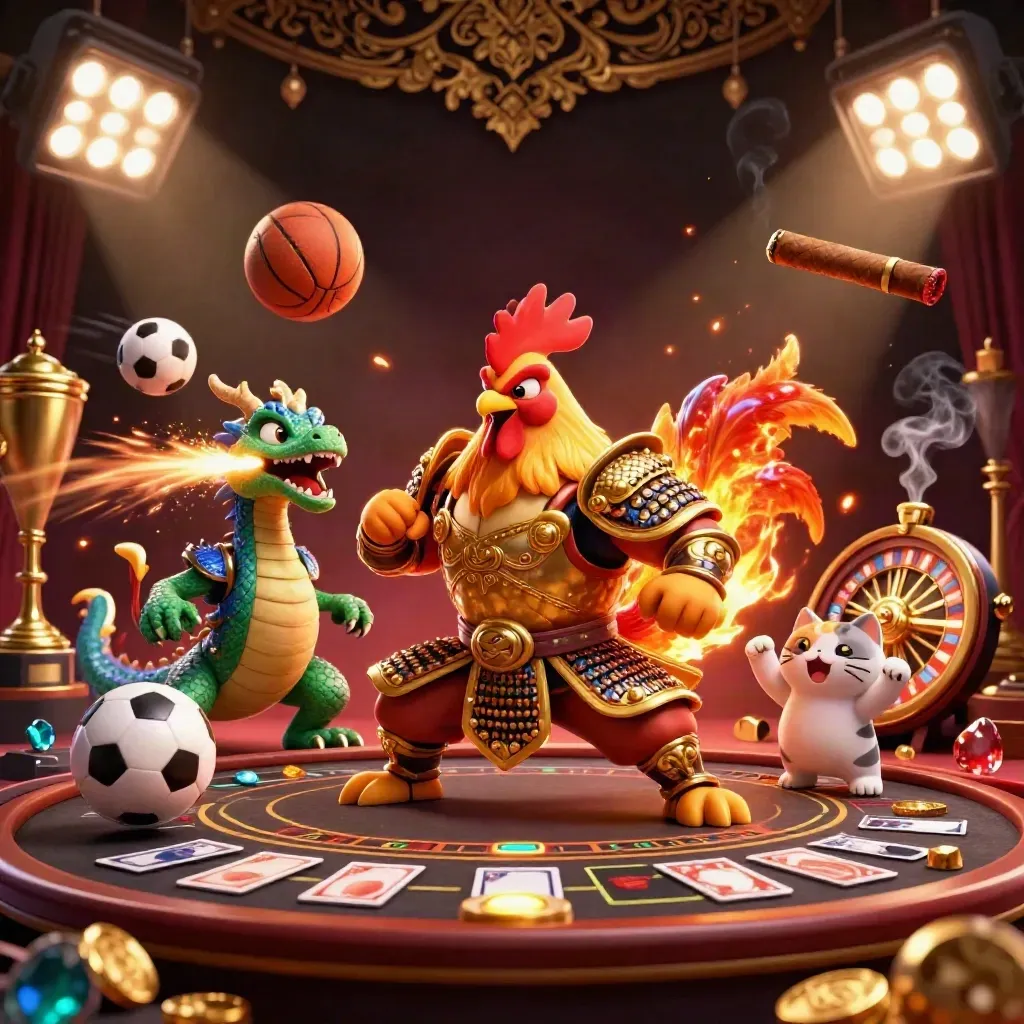 Rooster samurai, spark-breathing hatchling and cheering fortune cat amid casino lights