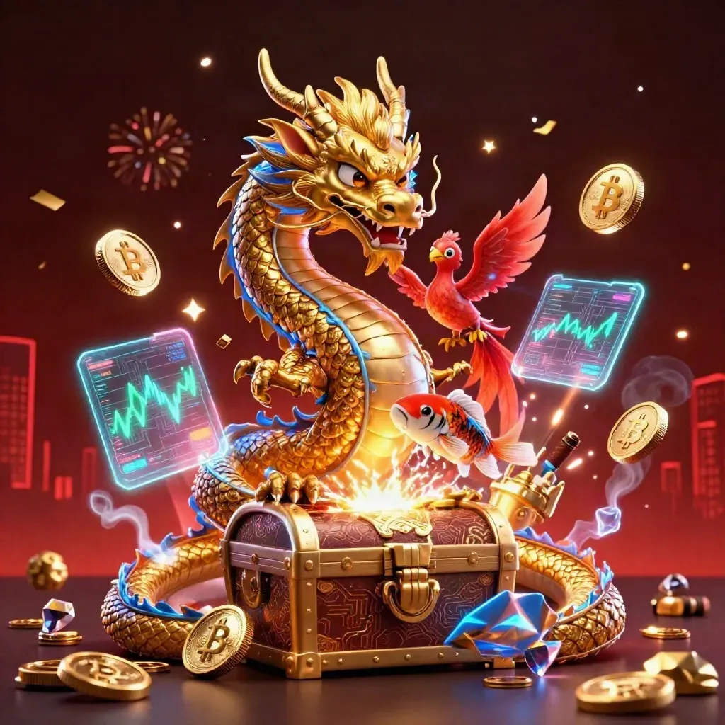 Golden dragon, phoenix, and koi amid neon crypto coins in a luxe casino haze