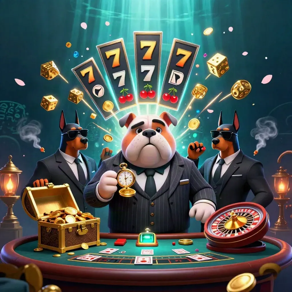 Bulldog mafia boss and Dobermans amid exploding slots, gold, and neon casino effects