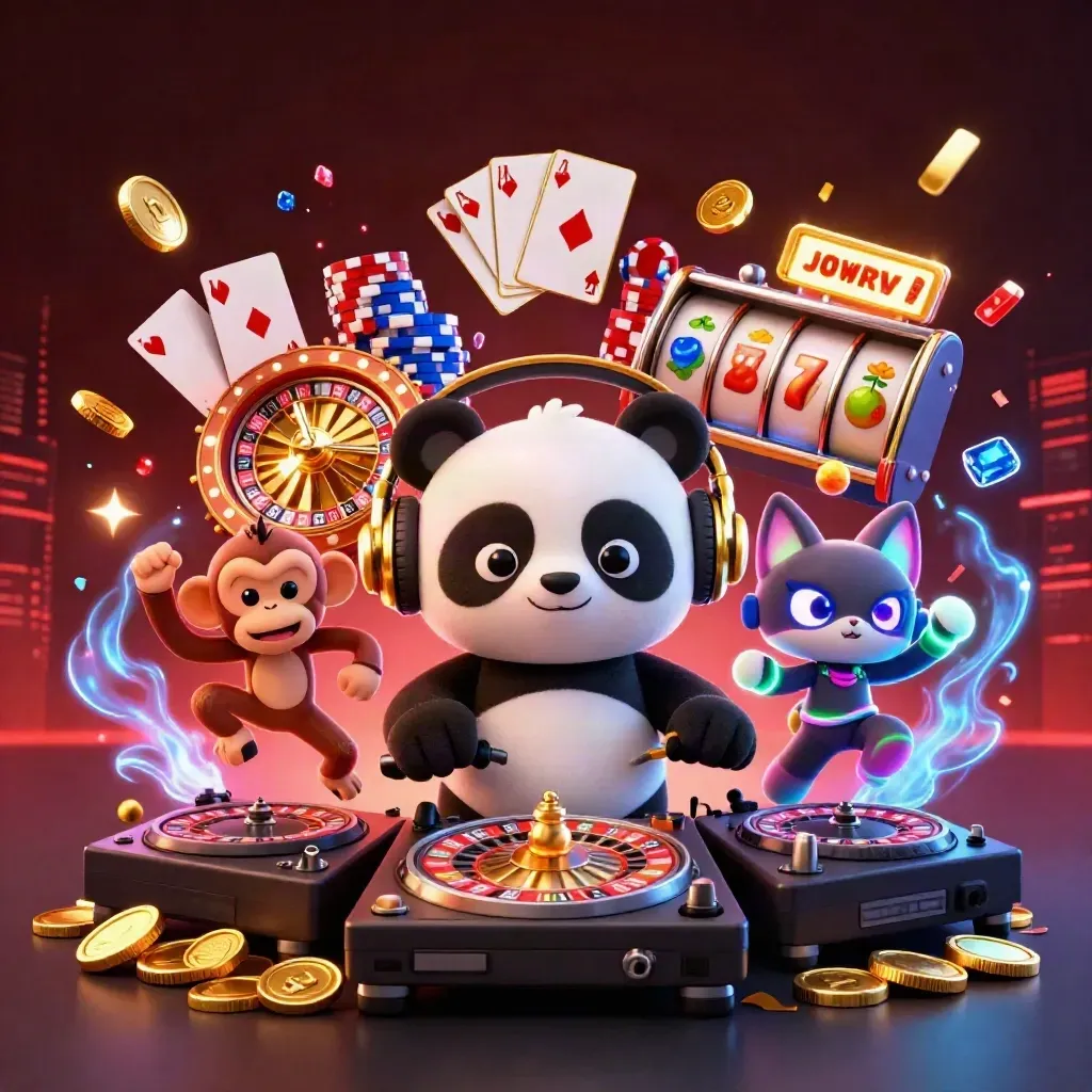 DJ panda, dancing monkey, and glow-stick kitten amid casino chips, gems, and electric blue neon.