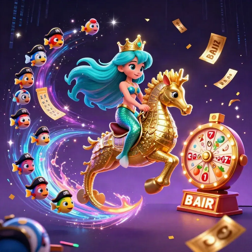 Mermaid princess on a gold seahorse amid pirate fish, lotto balls, reels, and neon casino energy.
