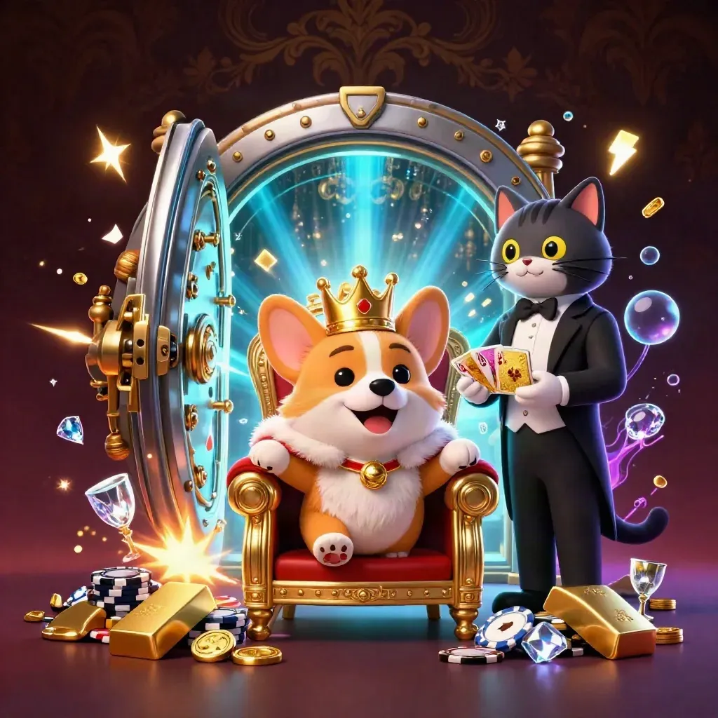 Crowned corgi and cat butler amid vault treasure, gems, and blue casino glow.