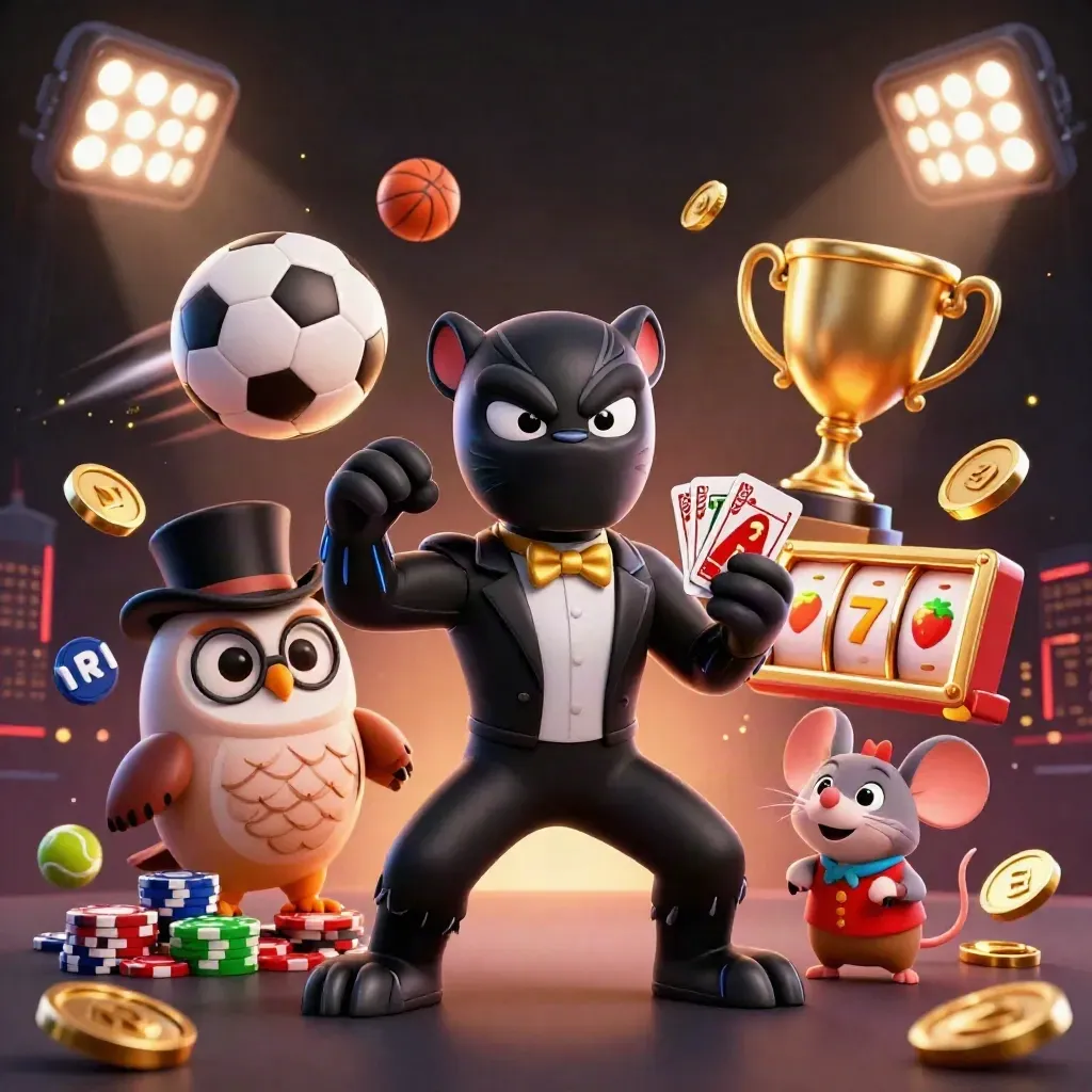 Panther, owl, and mouse in a luxe casino burst of chips, balls, trophies, and neon light.