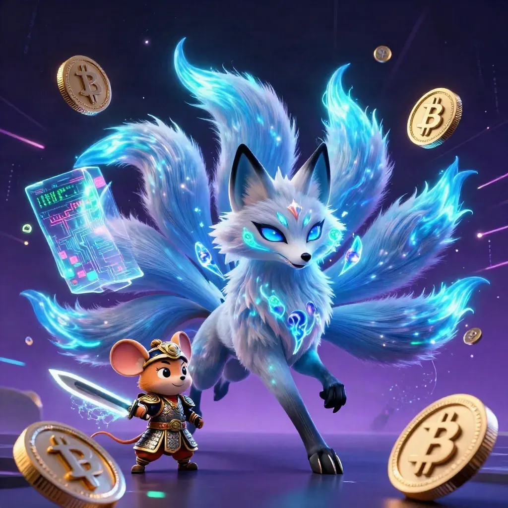 Neon fox spirit and golden samurai mouse amid glowing crypto coins and electric HUD effects