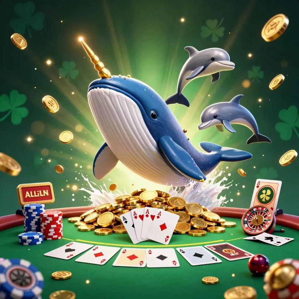 Whale, narwhal, and dolphins burst through coins beside poker chips and cards in a glowing casino scene.