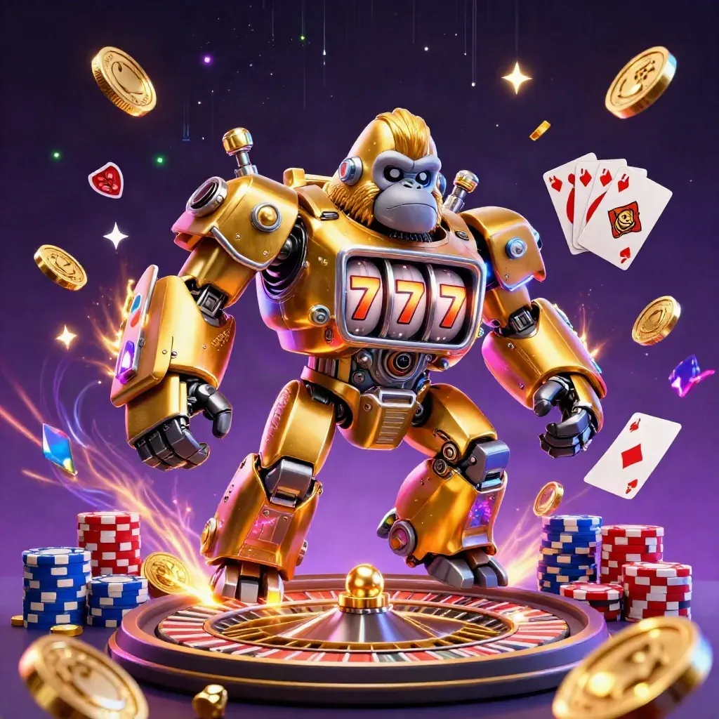 Golden gorilla mech with monkey pilot amid coins, cards, chips and a spinning roulette wheel