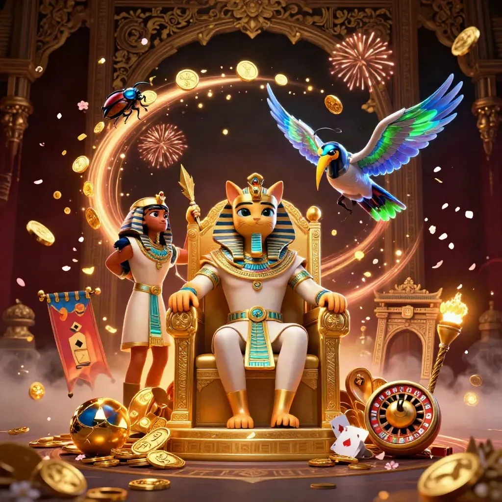 Pharaoh cat, ibis scribe, and scarab beetles amid treasure, coins, and casino fireworks.