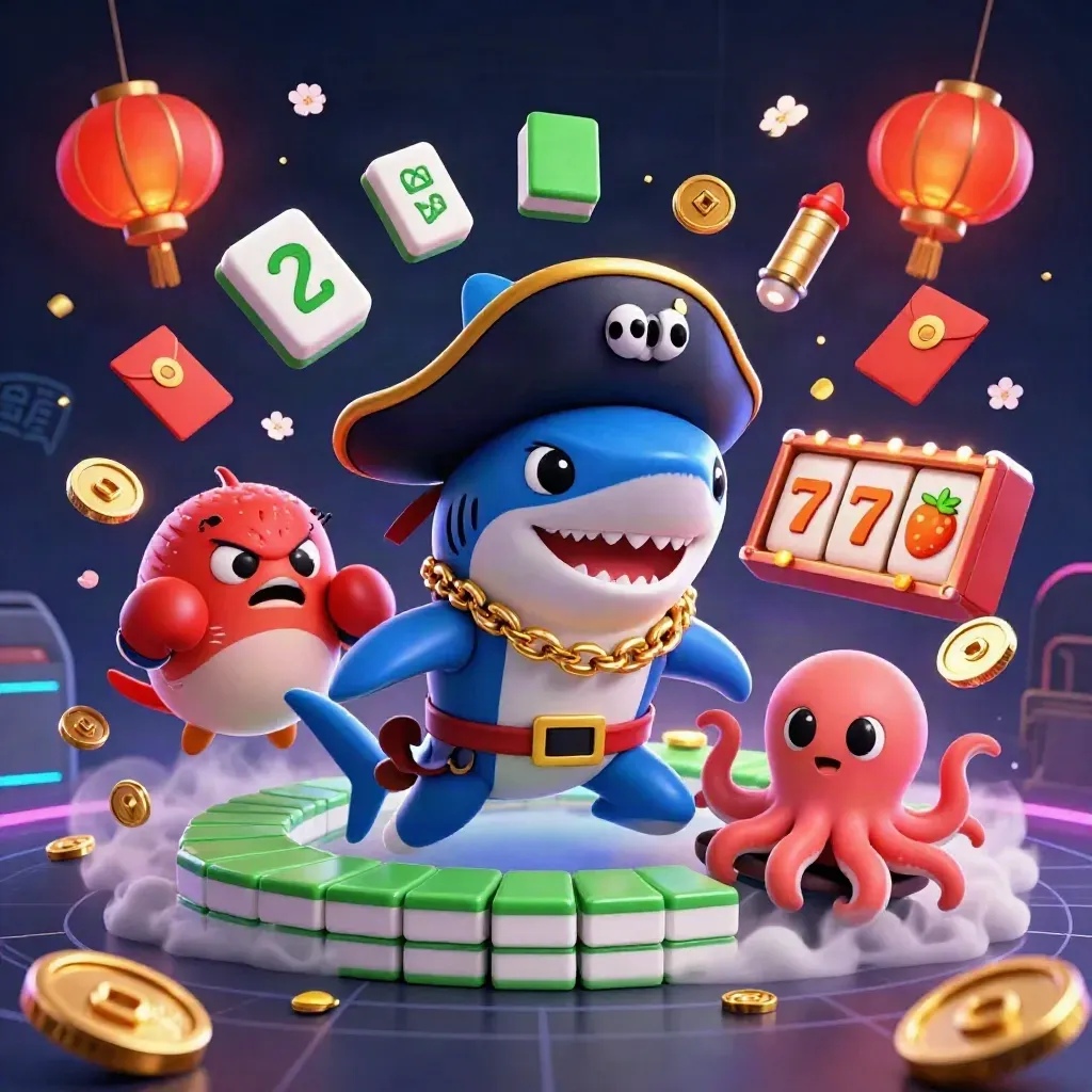 Shark pirate, red pufferfish, and baby octopus amid casino symbols on a neon dark background.