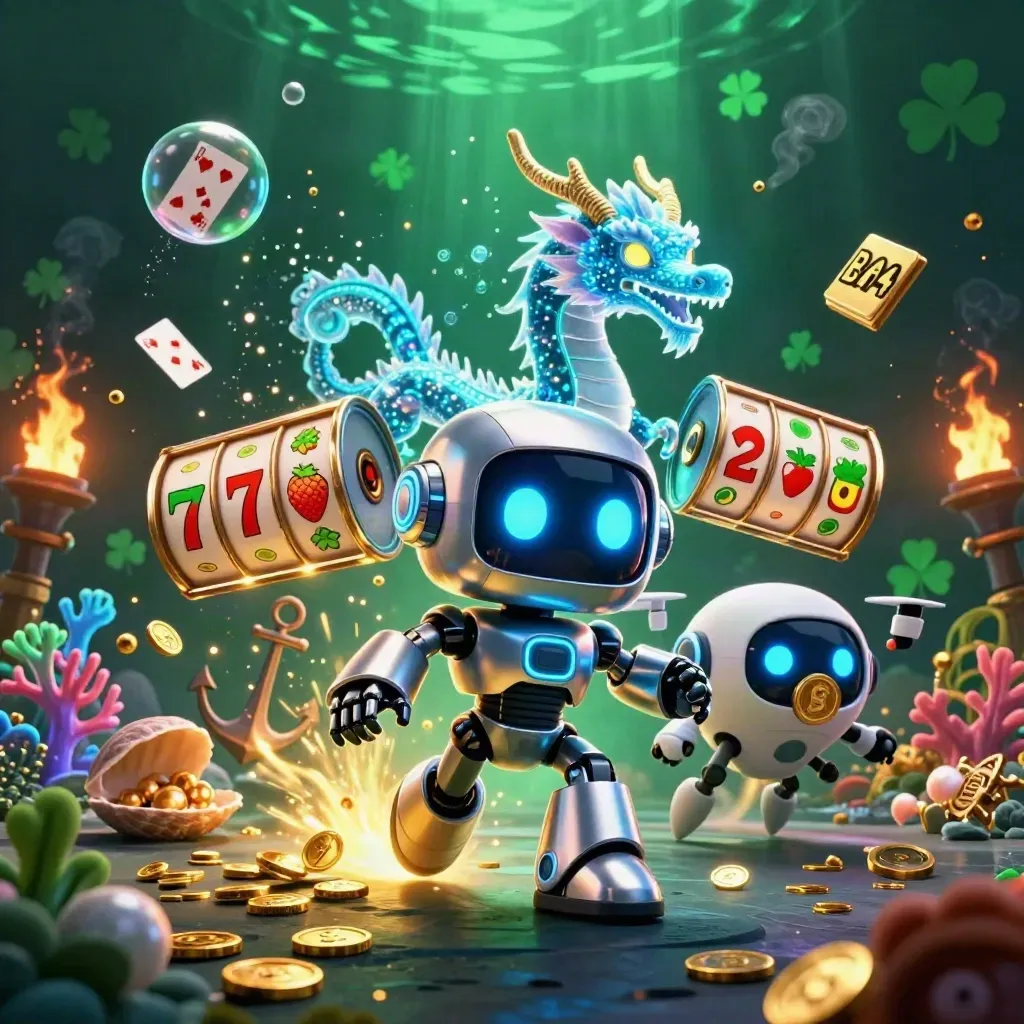Robot, holographic dragon and coin drone in a treasure cove with reels, coral and casino effects