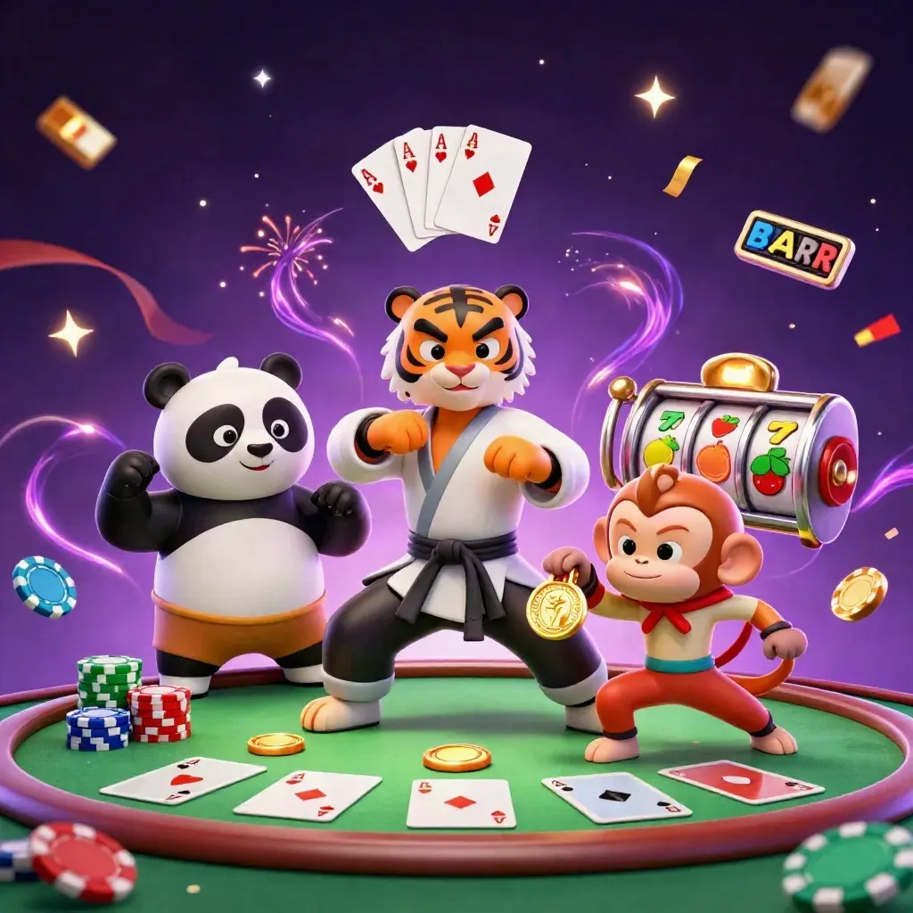 Kung-fu tiger, panda, and monkey over a neon poker table with chips, cards, and swirling magic.