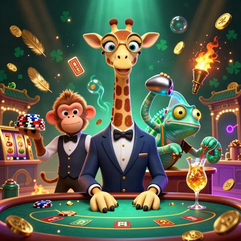 Giraffe high roller, monkey valet, and chameleon bartender amid casino gold, reels, and neon glow.