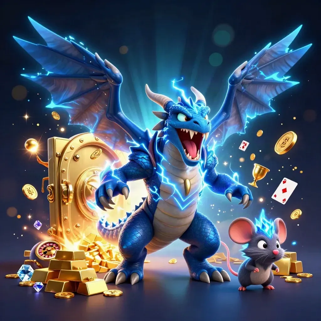 Thunder dragon, wind hawk and crackling mouse amid gold, gems and a vault door in neon blue light.