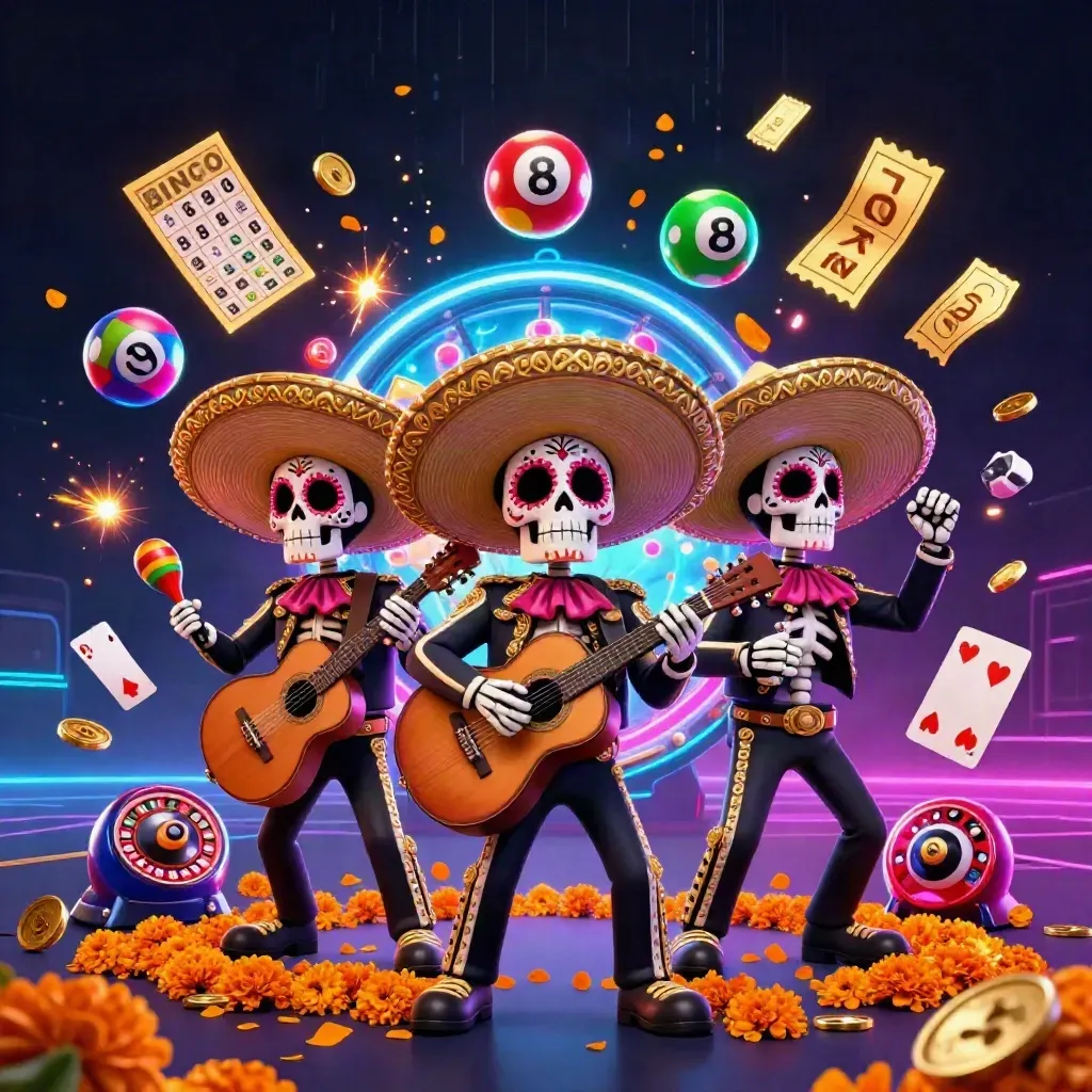 Three skeleton mariachi mascots with casino symbols, gold sparks, and neon blue-green glow on dark background.