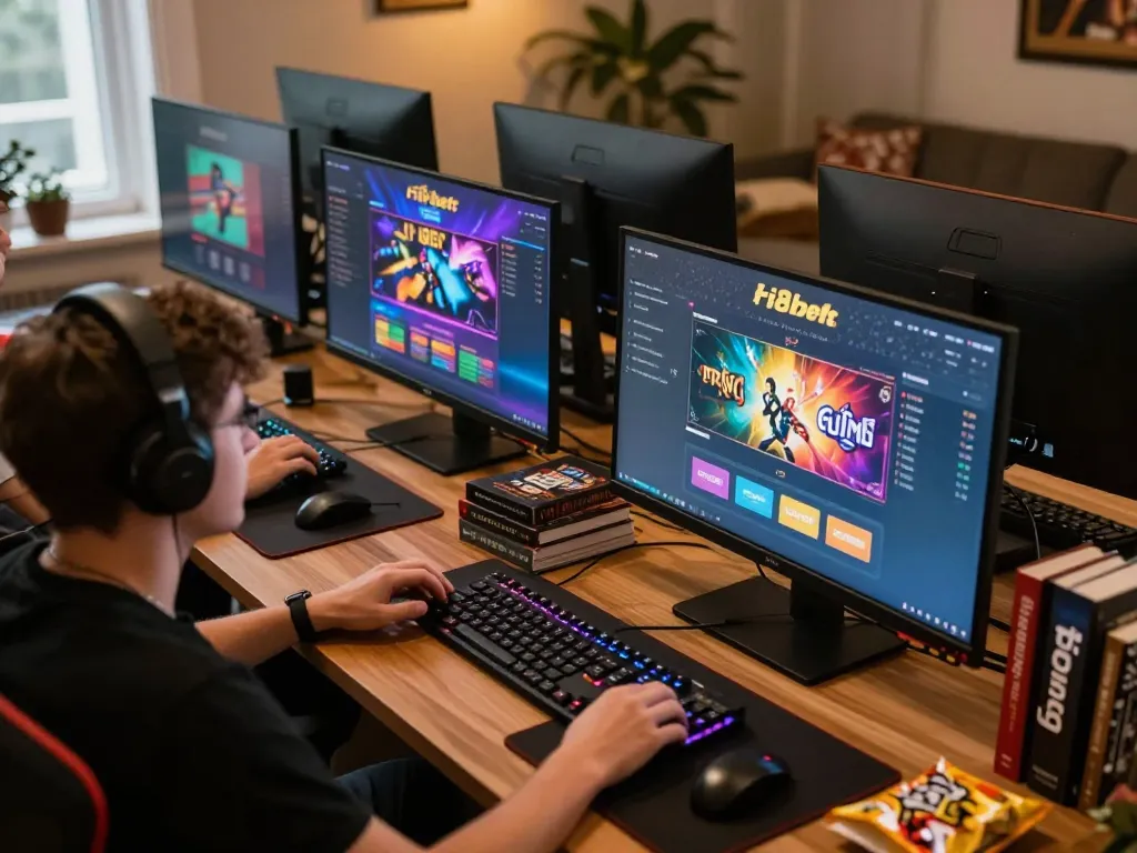 Engaged player exploring f8bet's online casino interface on multiple screens for strategic betting.