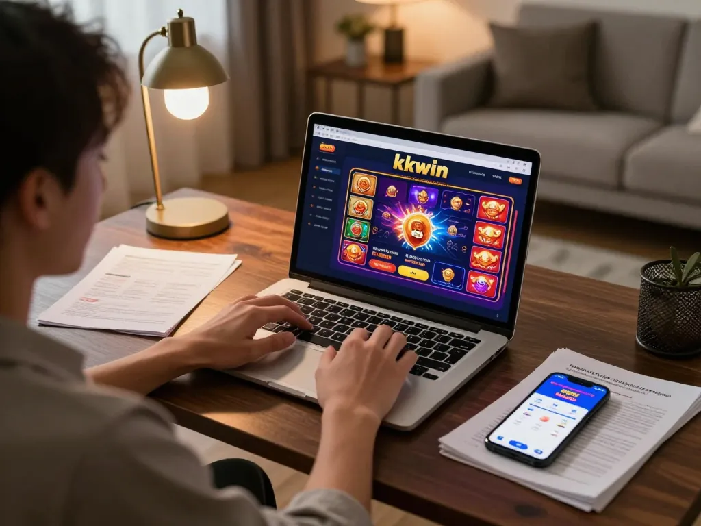 Player engaging with kkwin online casino on laptop at home, surrounded by strategy notes and smartphone