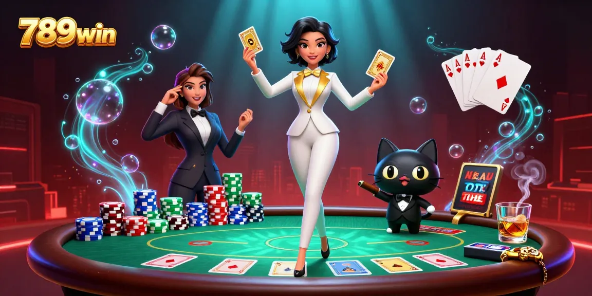 In an exciting scene, a glamorous woman shuffles cards while showcasing 789win's vibrant poker atmosphere.