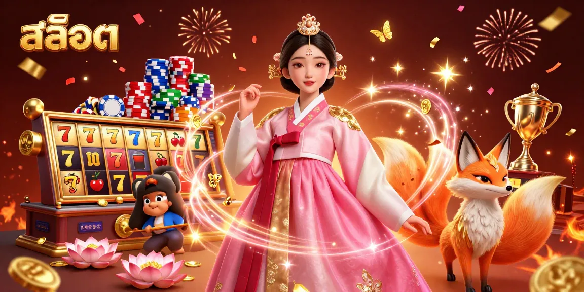 Spin the captivating สล็อต reels with vibrant symbols and a lucky 9-tailed fox in a celebratory casino scene.