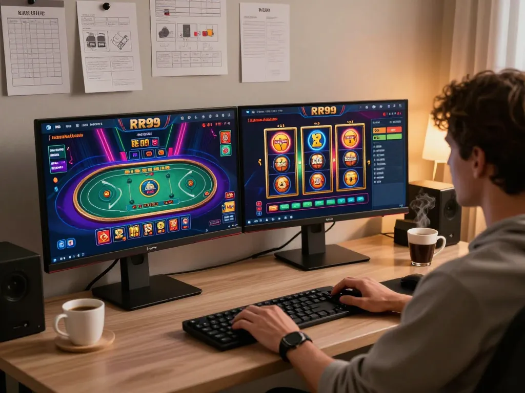 Person engaging with RR99 online casino setup, featuring live dealer gameplay and strategic notes.