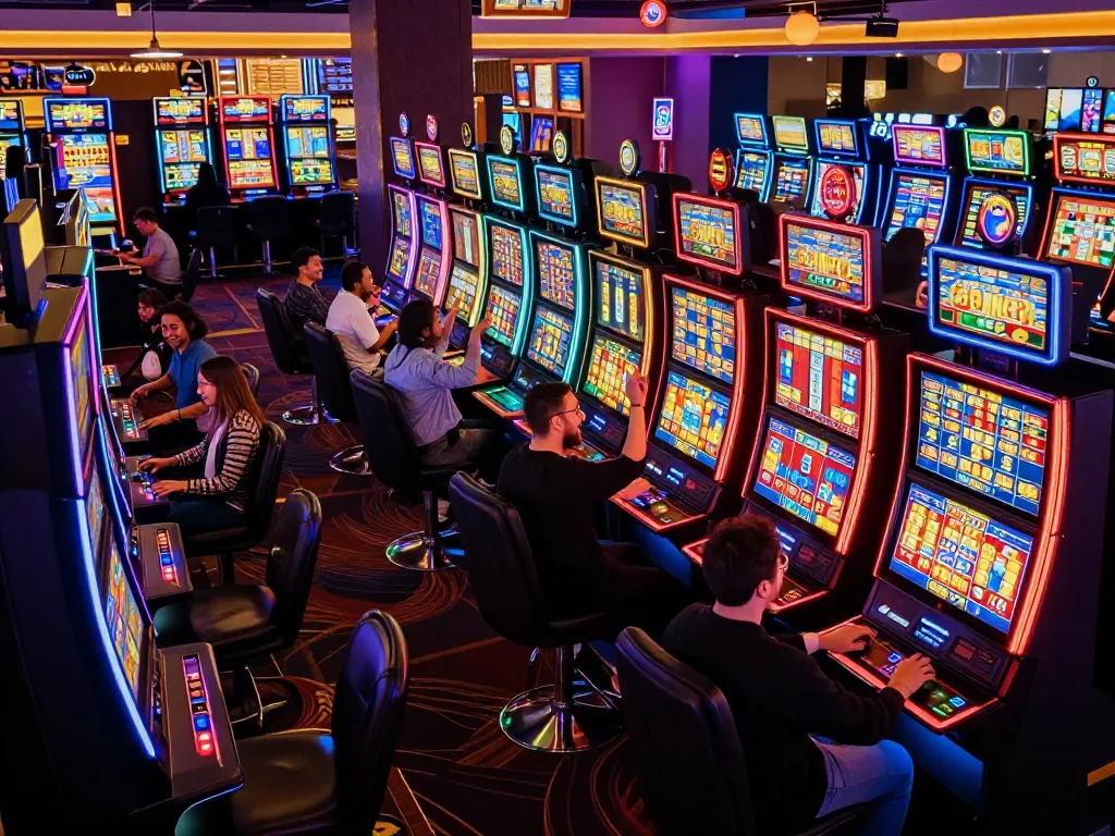 Players enjoying slot pulsa 2026 with vibrant machines and thrilling wins in a lively casino atmosphere.