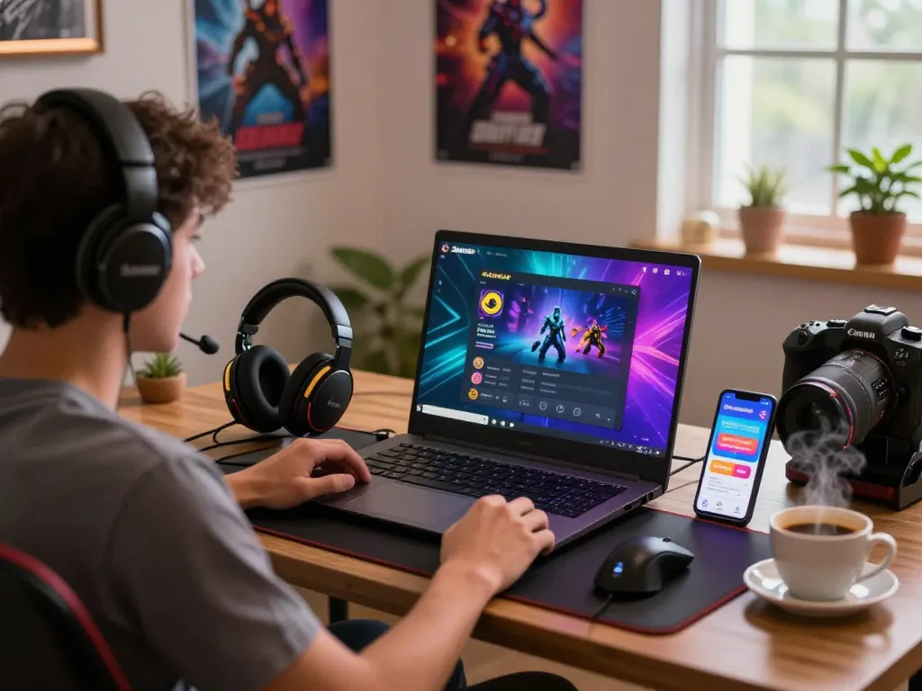Engaged gamer exploring the vibrant world of tải sunwin from a cozy home setup with gaming gear.