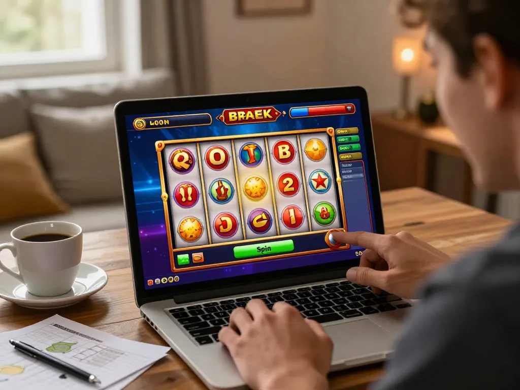 VMAX user enjoying an online slot game on a laptop, highlighting vibrant graphics and engaging gameplay