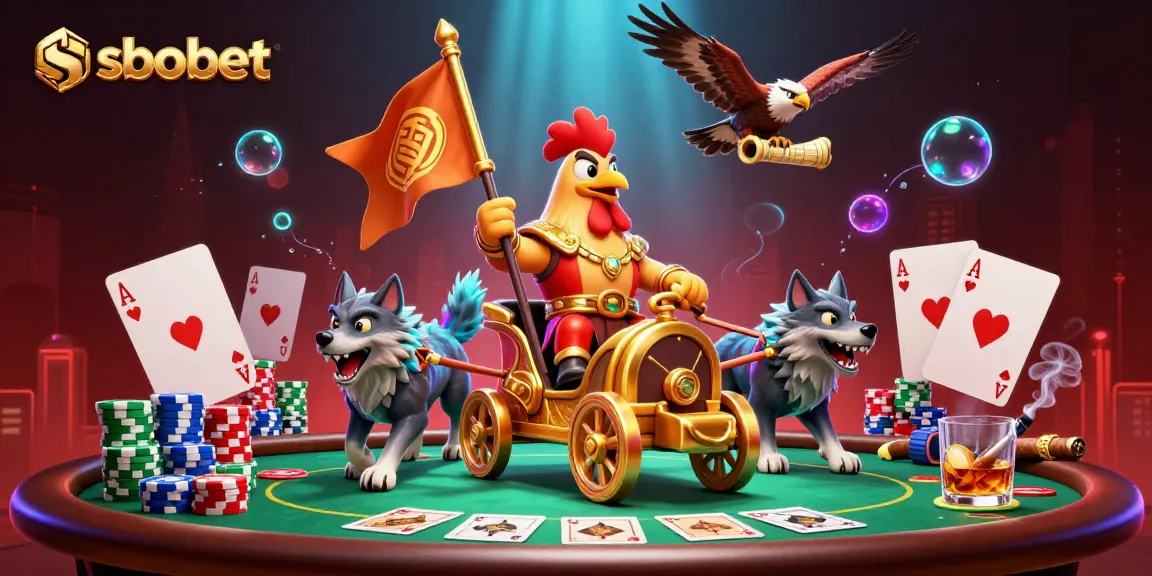 Experience sbobet action with a rooster warlord amidst poker glory and vibrant casino elements.