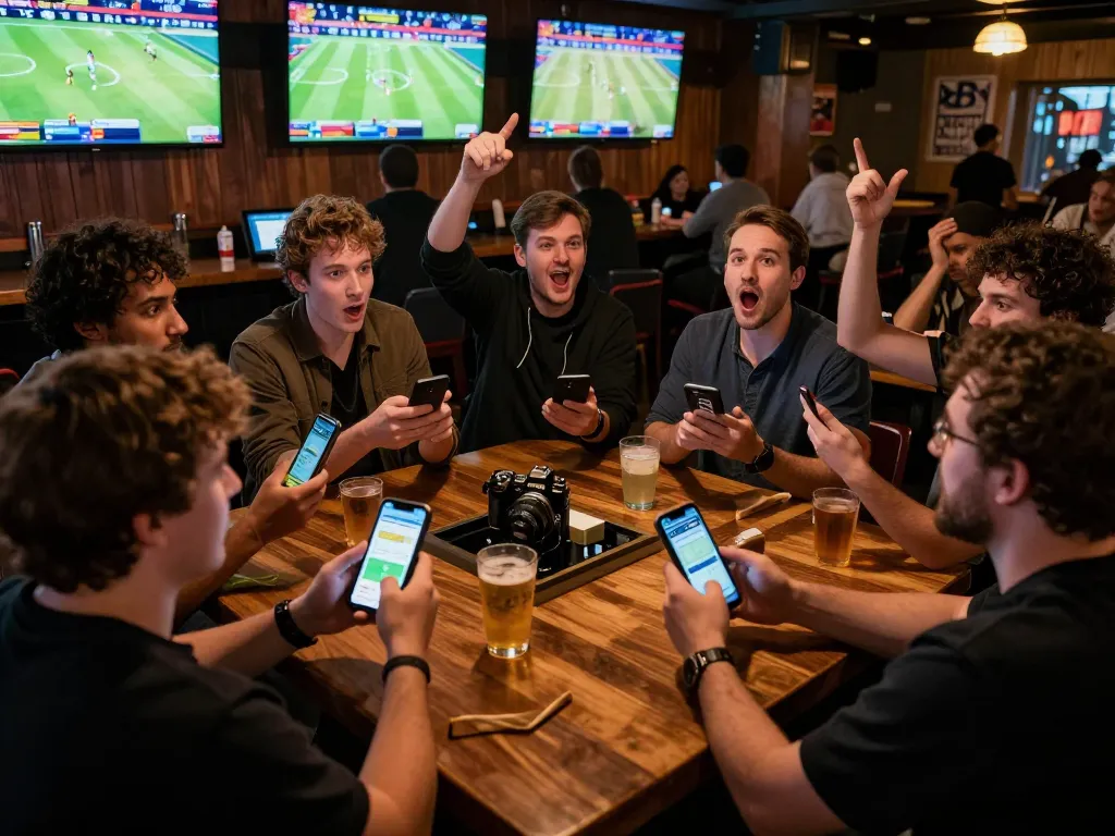 Excited bettors engaging in nhan dinh keo nha cai while watching live sports on multiple screens in a vibrant bar.