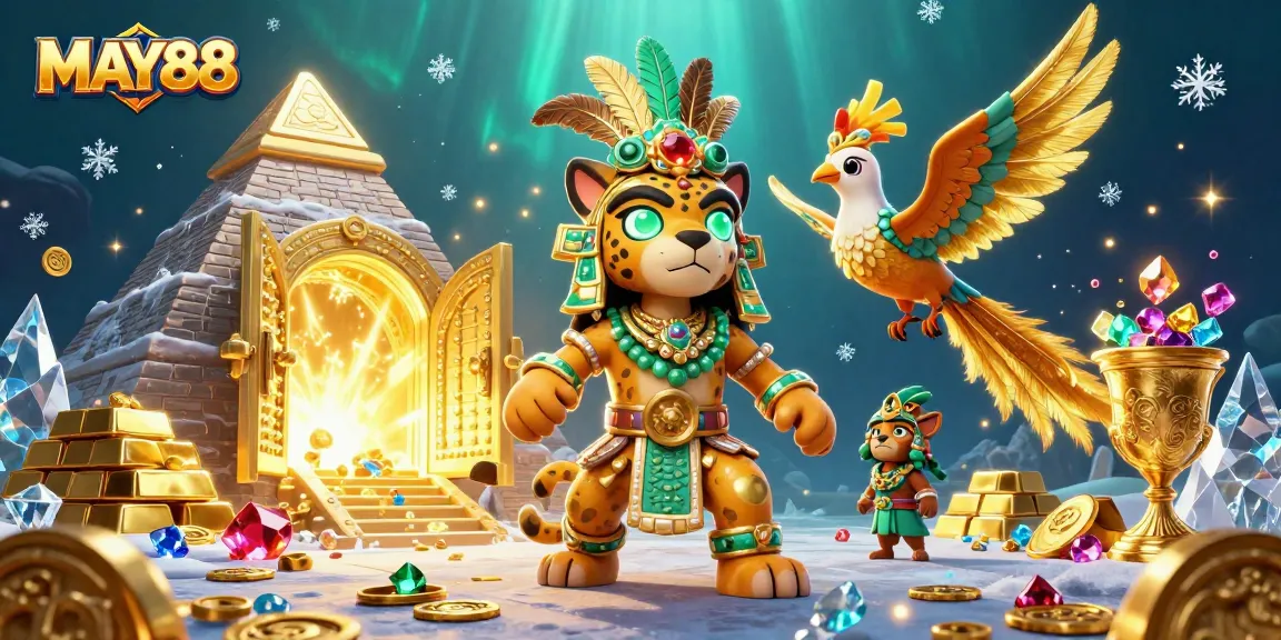 MAY88 showcases vibrant gameplay with a Mayan jaguar priest and rich casino elements, inviting players to win big.