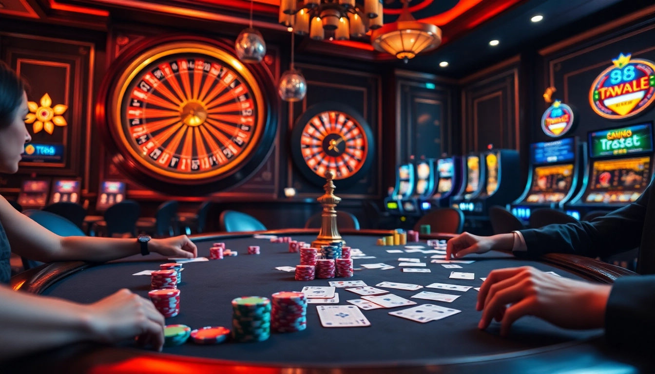 tt88 high-stakes poker scene with vibrant chips and cards, showcasing casino luxury.