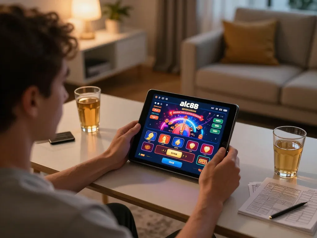 Experience strategic online gameplay at alc88 with a player focused on a live dealer game on their tablet.