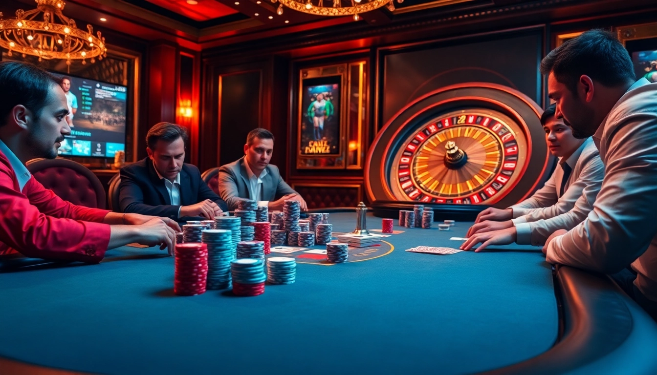 A thrilling poker game at a luxurious casino illustrating the excitement of gambling on 7mcn.