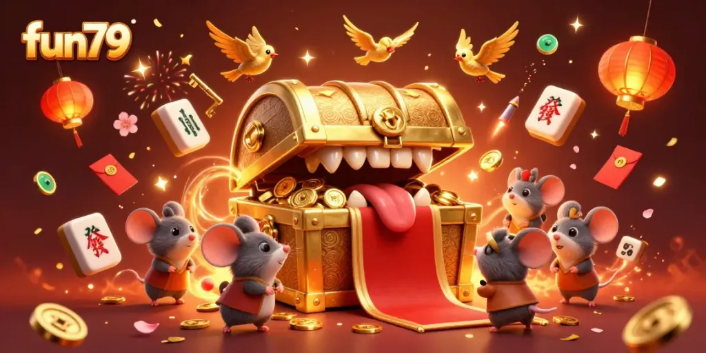 Engage in thrilling gaming adventures at fun79 with a treasure chest and festive gaming elements.