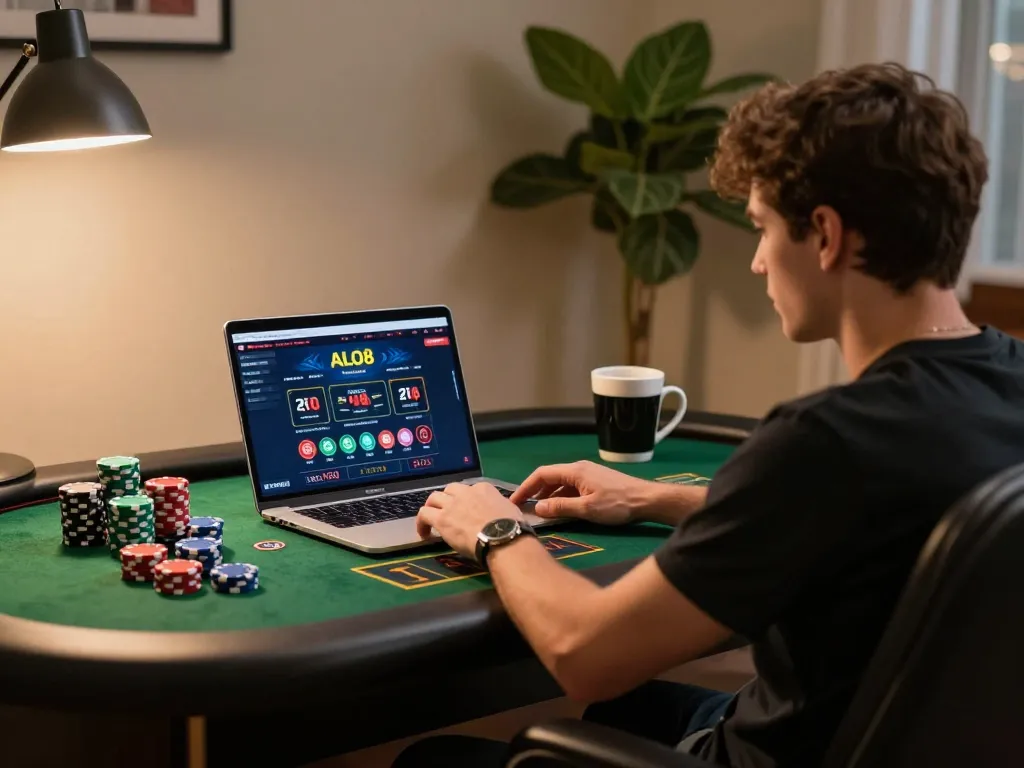 Enjoying ALO8 live gaming experience with poker chips and an engaging online setup.