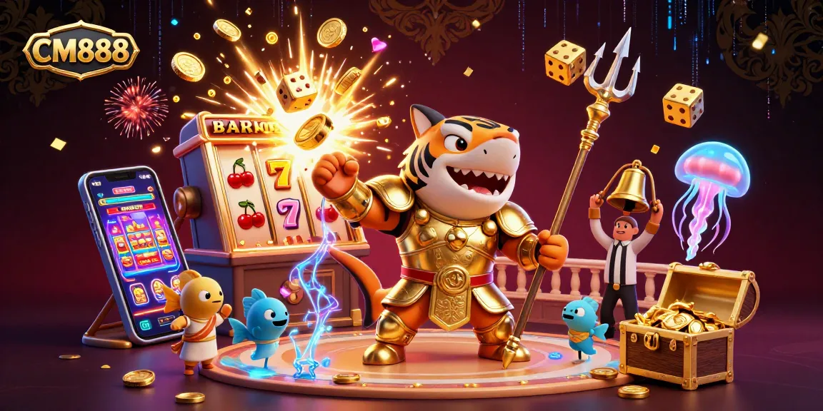 Spin jackpots with CM888 in a dynamic underwater casino scene featuring a trident-wielding shark.