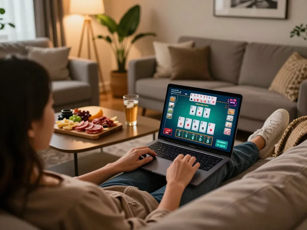 Enjoying new pk luck online blackjack at home with friends during a cozy game night.
