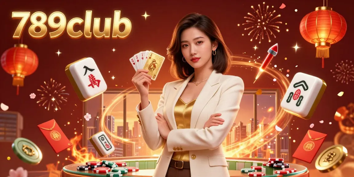 Experience the excitement of poker at 789club with a glamorous Asian dealer showcasing golden cards and festive elements.