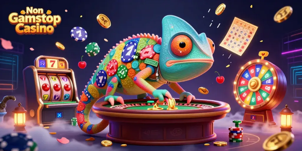 Engage with the vibrant Non Gamstop Casino illustration, highlighting a colorful chameleon and slot reels.