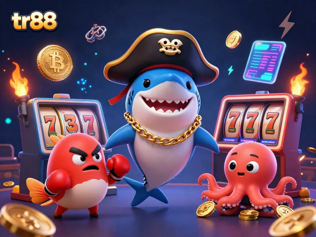 Spin the reels with tr88 in this vibrant casino scene featuring cartoon sea creatures.