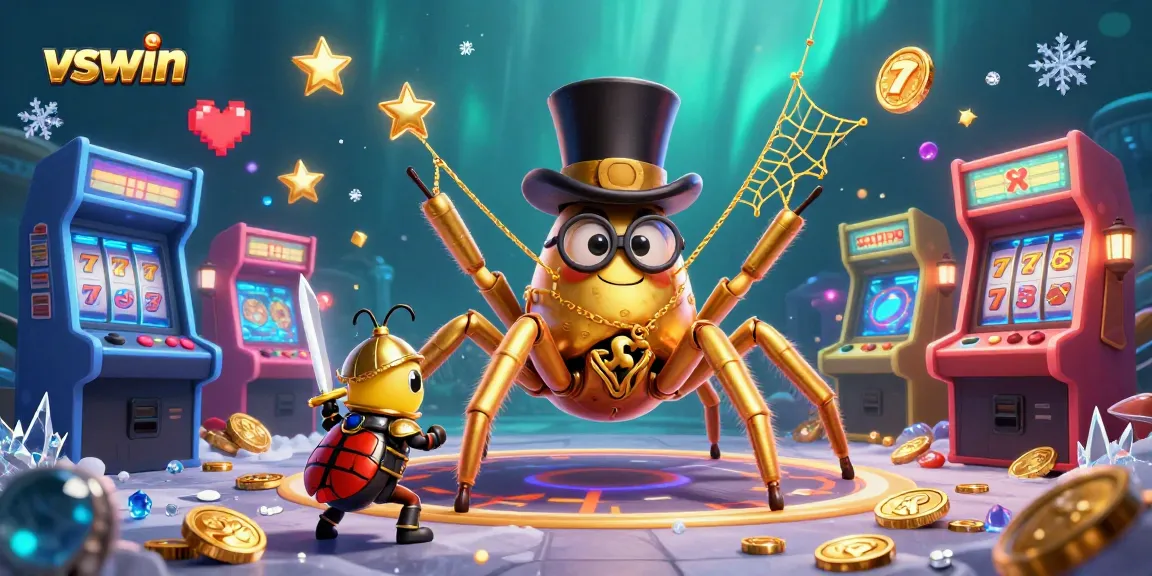 Play the slots at vswin with a whimsical scene featuring a golden tarantula and knight amid casino treasures.